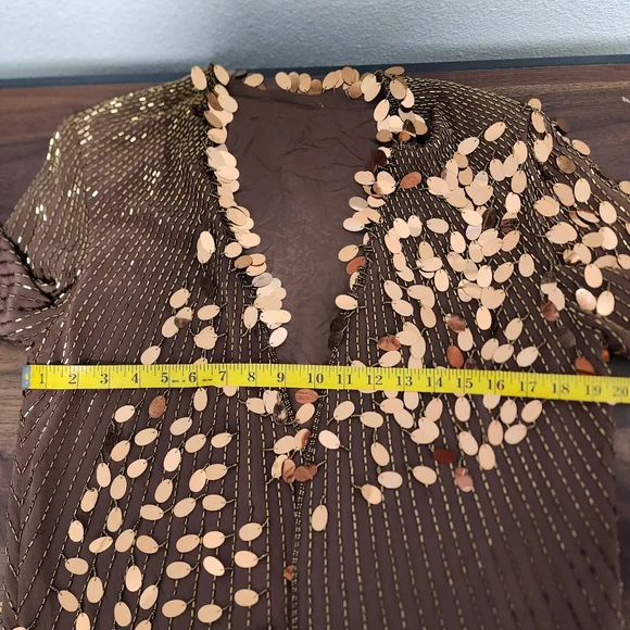 Vintage 100% Silk Chocolate Brown Copper Sequin Beaded Cardigan - Picture 5 of 7